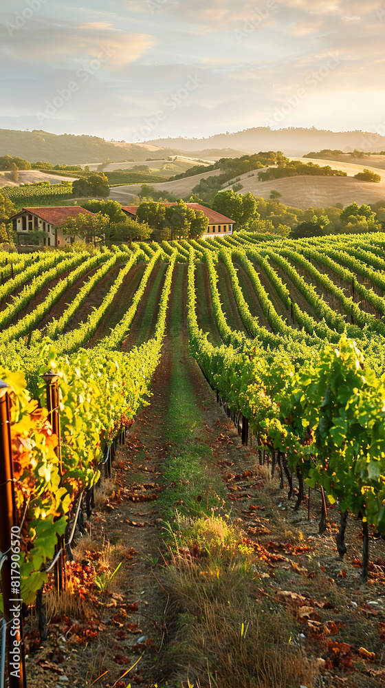 Vineyard Harvest on Rolling Hills with Rustic Winery Background  