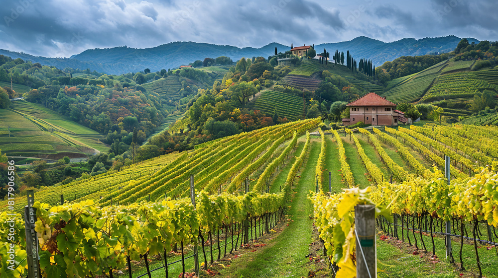 Naklejka premium Vineyard Harvest on Rolling Hills with Rustic Winery Background 