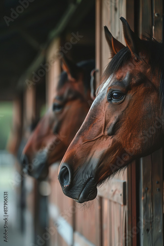Peaceful Horse Stable Scene on Farm with Wooden Fences 