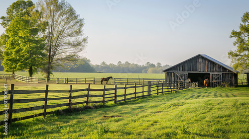 Peaceful Horse Stable Scene on Farm with Wooden Fences  