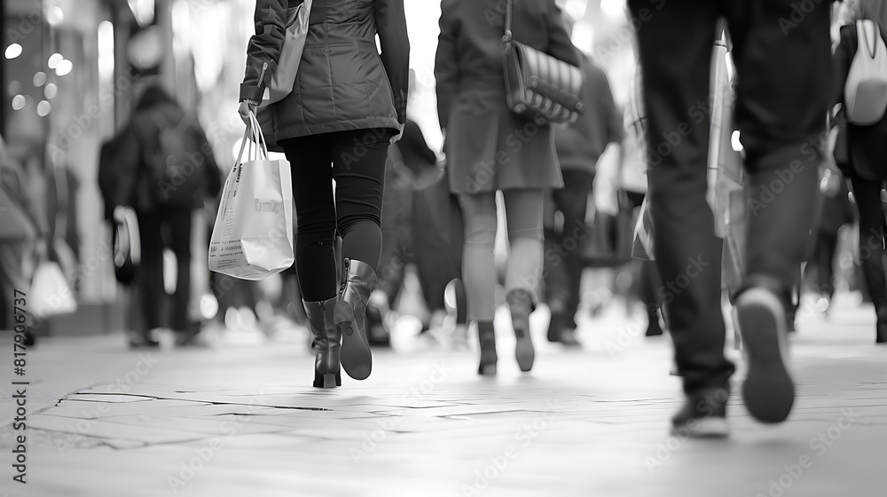 People walking along busy street. ฺBlack and white. Generative AI illustration People walking along busy street. ฺBlack and white. Generative AI illustration