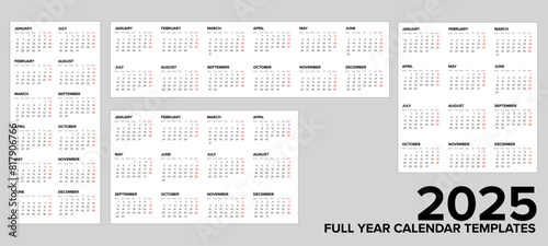 Four different layouts of full 2025 calendar templates