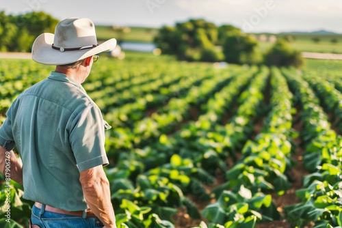 A farmer in a hat and casual shirt stands examining a vast, healthy green crop field under a clear sky, representing agriculture and rural lifestyle.