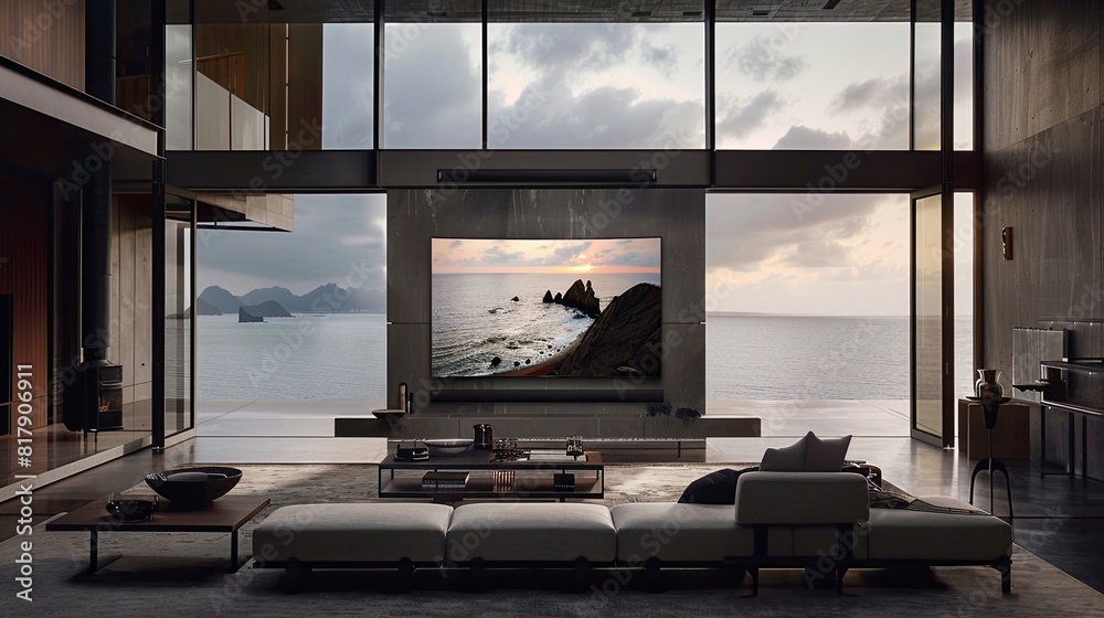 Fototapeta premium a living room with an oversized TV mounted on the wall, framed by large windows offering breathtaking sea views, while a cozy sofa and coffee table set the scene for a warm and inviting atmosphere.