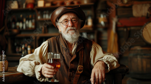 old man or eldery at vintage medieval bar potrait photo