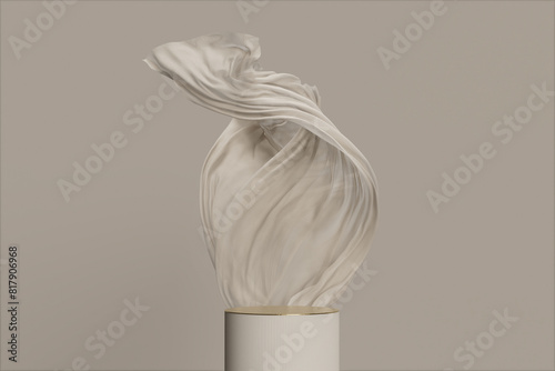 3D display podium beige background. Luxury flying cloth in motion. Glamour minimal pedestal for beauty, cosmetic product presentation. Feminine copy space template, luxury curtain, studio 3d render	