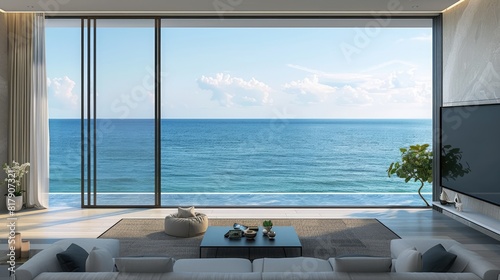 a living room with an oversized TV mounted on the wall  framed by large windows offering breathtaking sea views  while a cozy sofa and coffee table set the scene for a warm and inviting atmosphere.