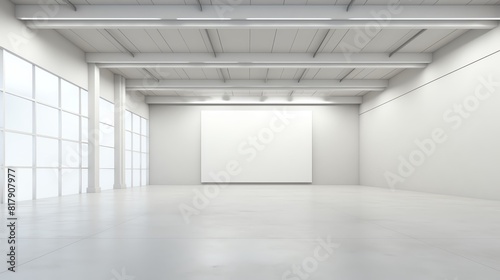 Contemporary art gallery with stark white walls and a central blank canvas  ideal for art exhibitions or installation proposals