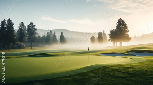 Early morning golf course with a dewy green and a blank leaderboard, ideal for tournament announcements or golf apparel ads