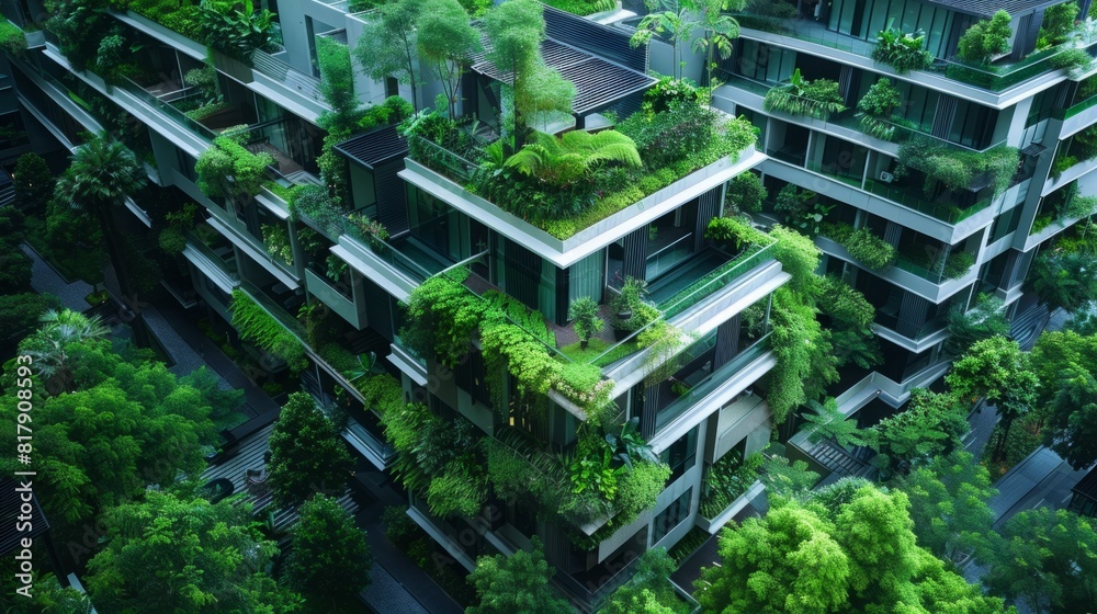 An overhead perspective showing a building covered in trees, with green foliage growing on its exterior. An overhead perspective showing a building covered in trees, with green foliage growing on its exterior.
