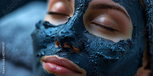 Woman is wearing a black charcoal mud mask for facial care lying down, facial care, cleansing peeling mask at the spa	
 photo