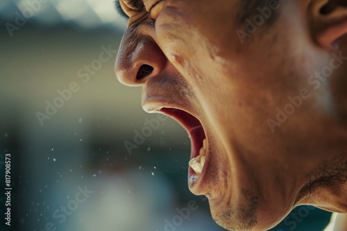 Close-up of a person's face, captured mid-yell, highlighting the open mouth and flying saliva droplets against a blurred background. photo