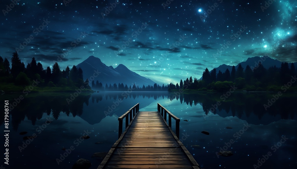 Night sky filled with stars over a tranquil lake, with a dock leading to a blank message board, ideal for philosophical quotes or stargazing event promos Night sky filled with stars over a tranquil lake, with a dock leading to a blank message board, ideal for philosophical quotes or stargazing event promos