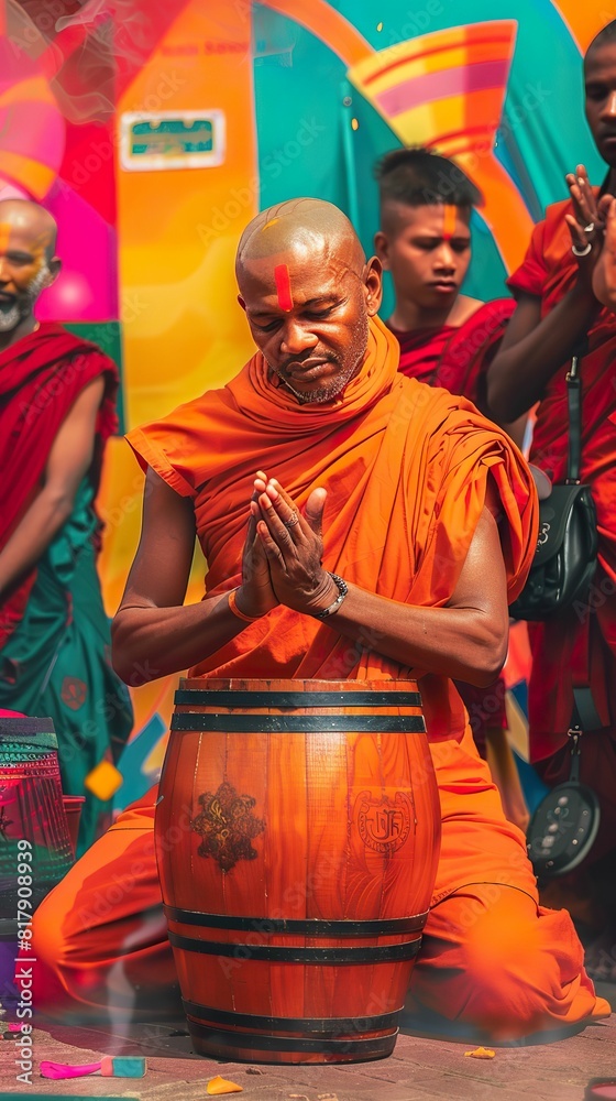 Fototapeta premium Firefighting monks meditating to control and extinguish flames with their minds, blending spirituality and service