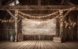 Rustic barn interior with vintage wooden beams and an empty banner, perfect for countrythemed weddings or artisanal product displays