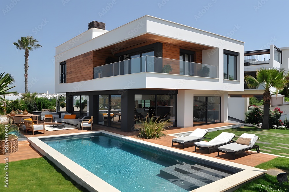 Fototapeta premium Luxurious Modern Villa with Outdoor Swimming Pool and Lounge Area