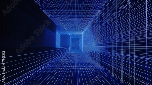 Fototapeta Naklejka Na Ścianę i Meble -  Digital tunnel with blue lines, high-speed data transmission in cyberspace or a virtual reality path
