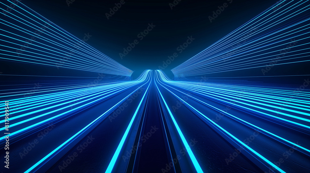 Fototapeta premium Abstract neon light waves on a blue backdrop, representing technology and connectivity