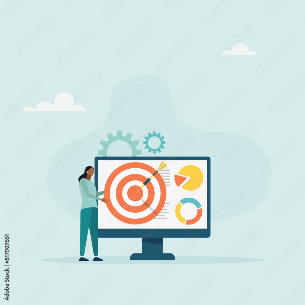 Strategic planning concept. A woman analyzes data statistics, creates a development plan, improves strategy. Vector illustration.
Strategic planning concept. A woman analyzes data statistics, creates a development plan, improves strategy. Vector illustration.