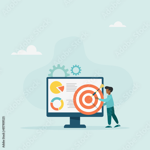 Strategic planning concept. A man analyzes data statistics, creates a development plan, improves strategy. Vector illustration. 