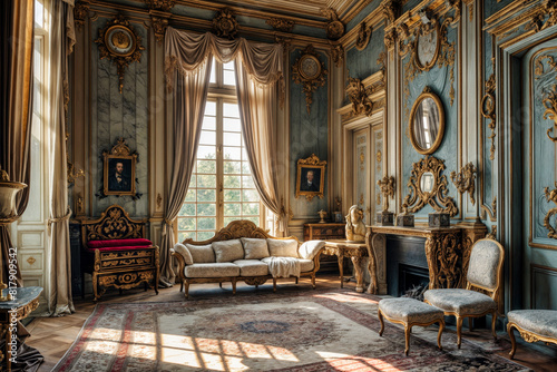 Luxurious Rococo-Style Interior Room with Ornate Furniture and Grand Fireplace, Featuring Intricate Moldings and Framed Portraits, Bathed in Warm Natural Light