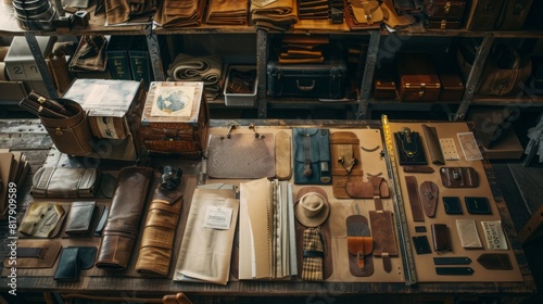 A room packed with various leather items neatly arranged on a table, showcasing different textures and colors.