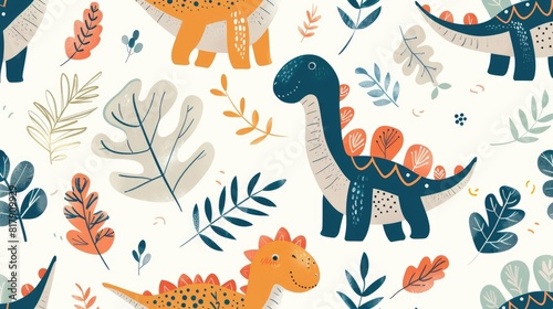 Cute Dinosaur and Leaf Childish Repeat Pattern - Fun and Playful Seamless Design with Childish Elements 