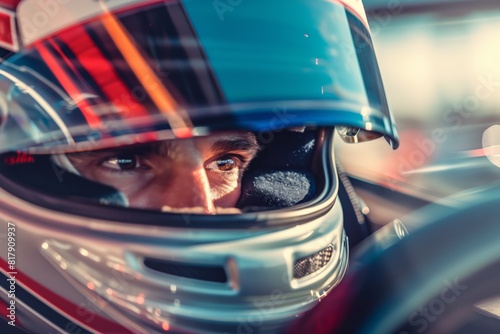 Close-up of a race car driver wearing a helmet, focused eyes visible through the visor, capturing the intensity and concentration of motorsport.