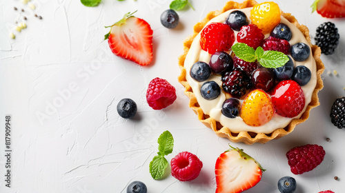 Tart with berries mint on white background. Copy space. Sweet dessert