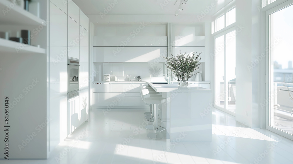 Fototapeta premium 3D Rendered Floorplan Of A White Modern Kitchen