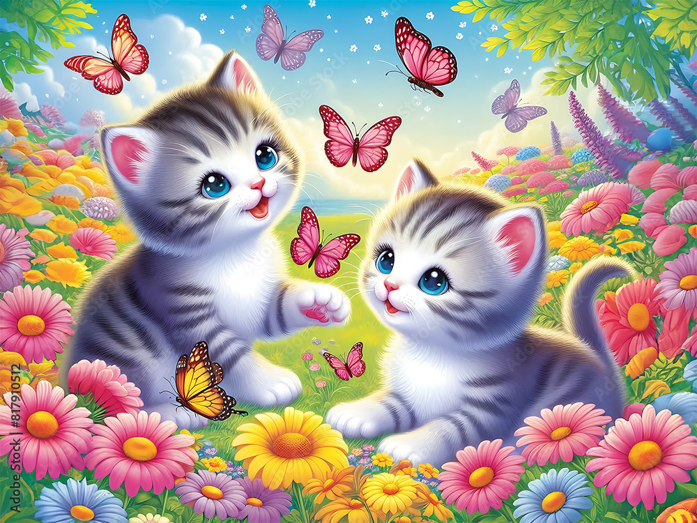 Adorable kittens playing with butterflies in a field of flowers Adorable kittens playing with butterflies in a field of flowers