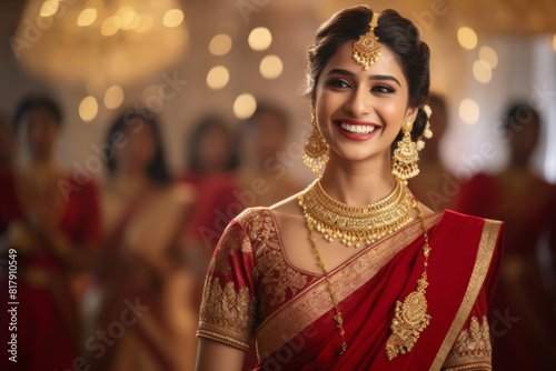 A smiling young Indian bride wearing traditional bridal costumes and jewellery on her wedding day photo