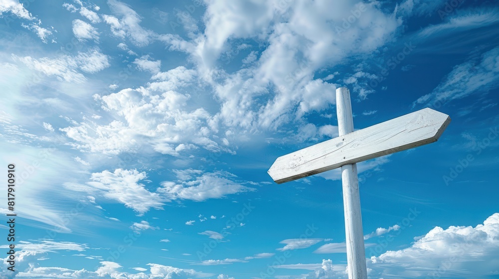 Blank white directional sign under azure sky Blank white directional sign under azure sky