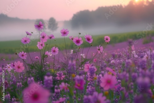 Tranquil Sunrise Over a Field of Vibrant Pink Wildflowers