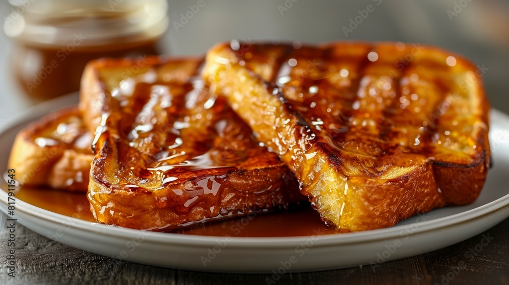 Golden French Toast Slices Drizzled With Maple Syrup On A White Plate