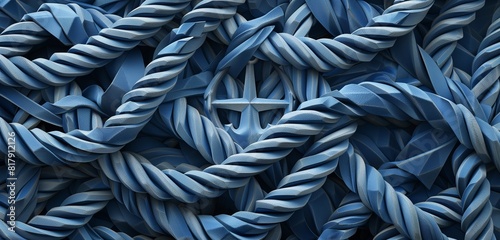Abstract background  nautical elements such as anchors  ropes  or compass motifs within the blue geometric stripes