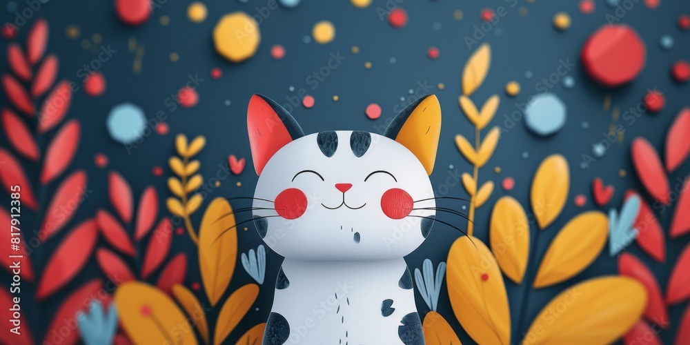 A cartoon cat is sitting in front of a vibrant and colorful backdrop A cartoon cat is sitting in front of a vibrant and colorful backdrop