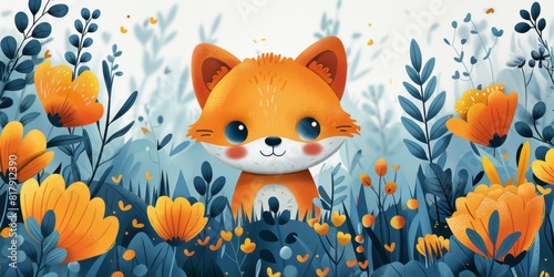 An orange fox surrounded by blooming flowers in a vibrant field
