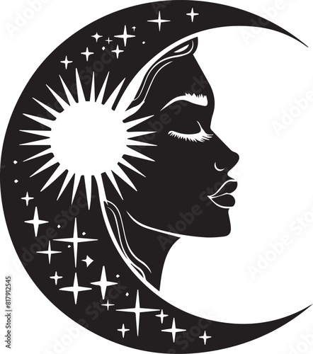 Crescent moon with female face, stars, and celestial elements