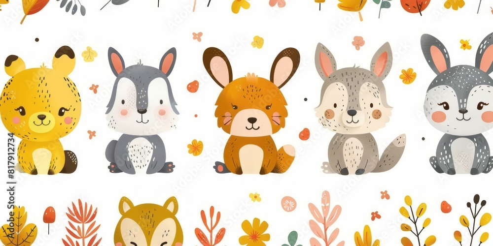 Obraz premium Cartoon animals surrounded by leaves and flowers in a playful setting