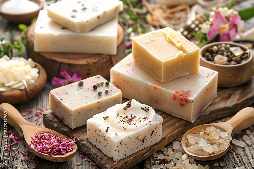 Homemade soaps, fragrant herbs and flowers on a wooden table. Homemade soaps, fragrant herbs and flowers on a wooden table.