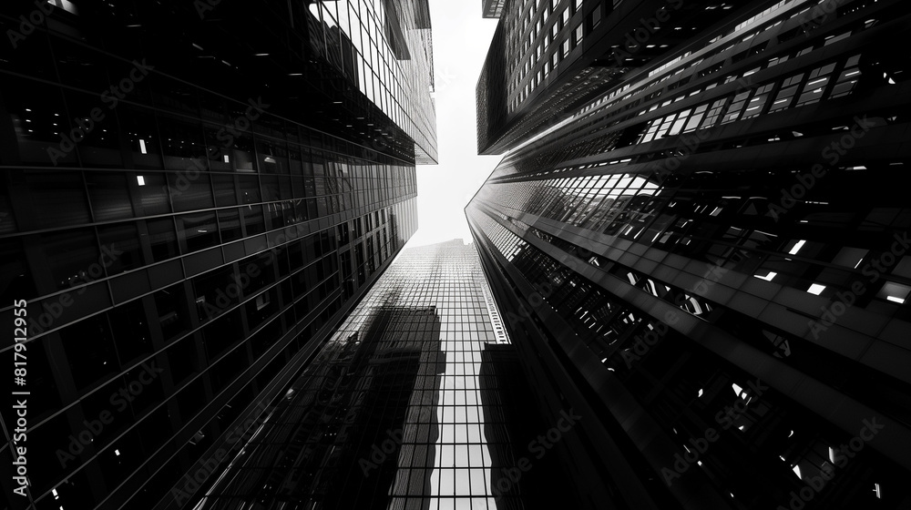 black and white view of tall buildings looking up 