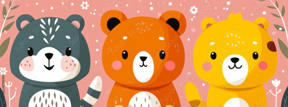 Three cartoon bears are standing in front of a bright pink background Three cartoon bears are standing in front of a bright pink background