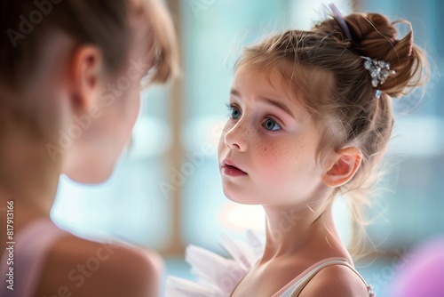 Close-up of a young girl dressed as a ballerina with an intricate hairstyle  looking attentively at another blurred figure in the foreground.