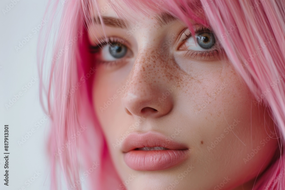 portrait of a girl's face with pink hair on a white background