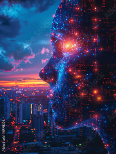 A woman s face is shown in a cityscape with a glowing blue and red light. The image is a representation of the idea of technology and its impact on society