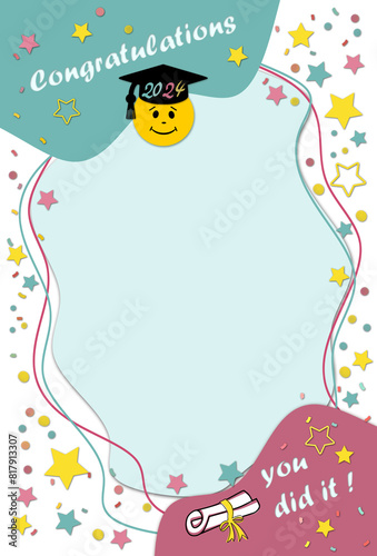 Preschool graduation 2024 party invitation or greeting card template with smiley emoji in magister hat ,border from spots ,confetti ,stars decorations .free copy spaceю