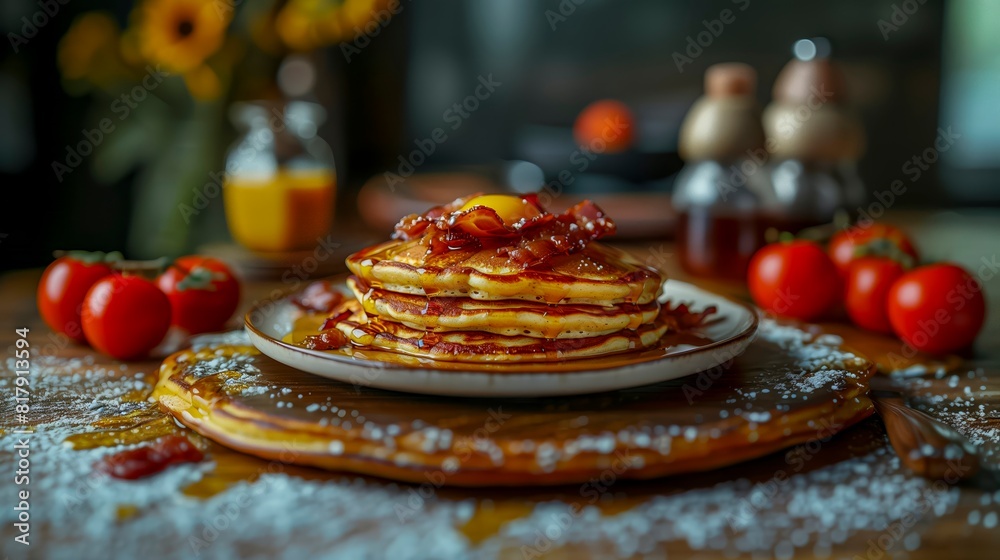 Pancake Stack With Syrup, Bacon, And Fried Egg, Surrounded By Tomatoes Pancake Stack With Syrup, Bacon, And Fried Egg, Surrounded By Tomatoes