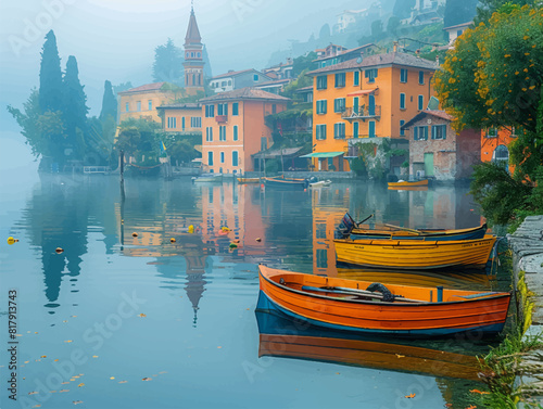 Paiting of boats peacefully moored on a lake, soft morning light, resembling a tranquil, serenity of the lakeside town in the early morning