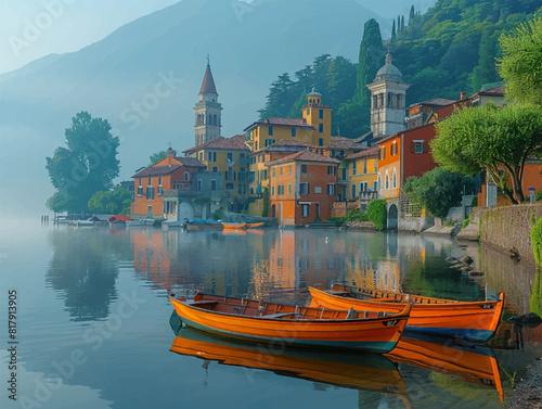 Paiting of boats peacefully moored on a lake, soft morning light, resembling a tranquil, serenity of the lakeside town in the early morning